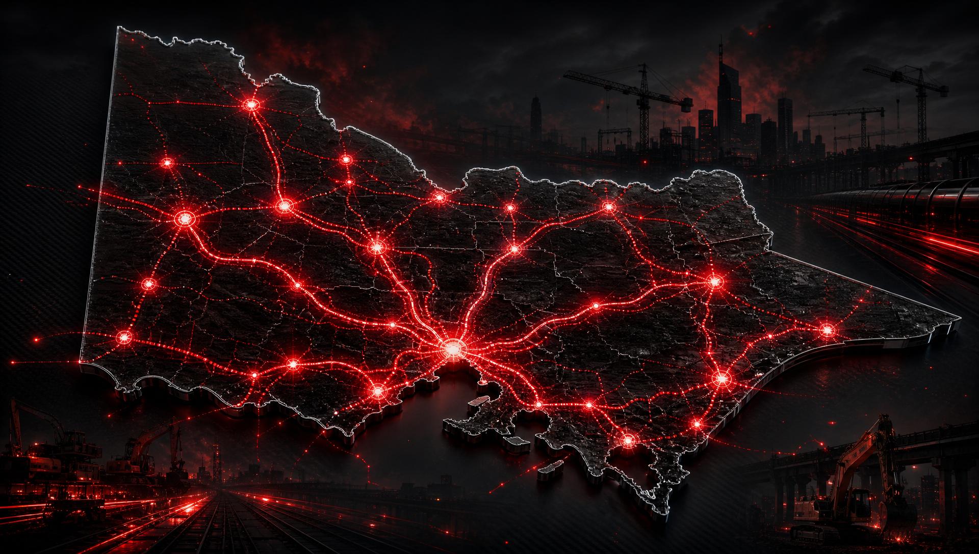Stylised map of Victoria rendered as a glowing gold connection network
